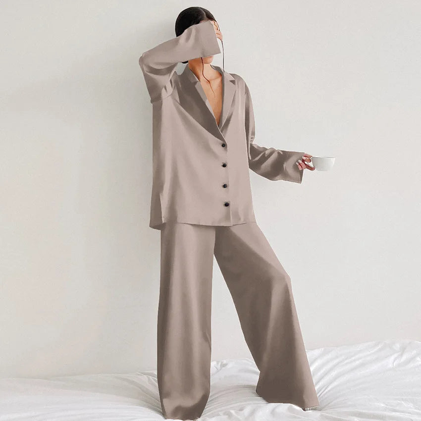 Ensemble de pyjama sexy à coupe basse pour femme, pantalon ample et décontracté à manches longues, en satin de soie uni, haut ajusté, 2 pièces