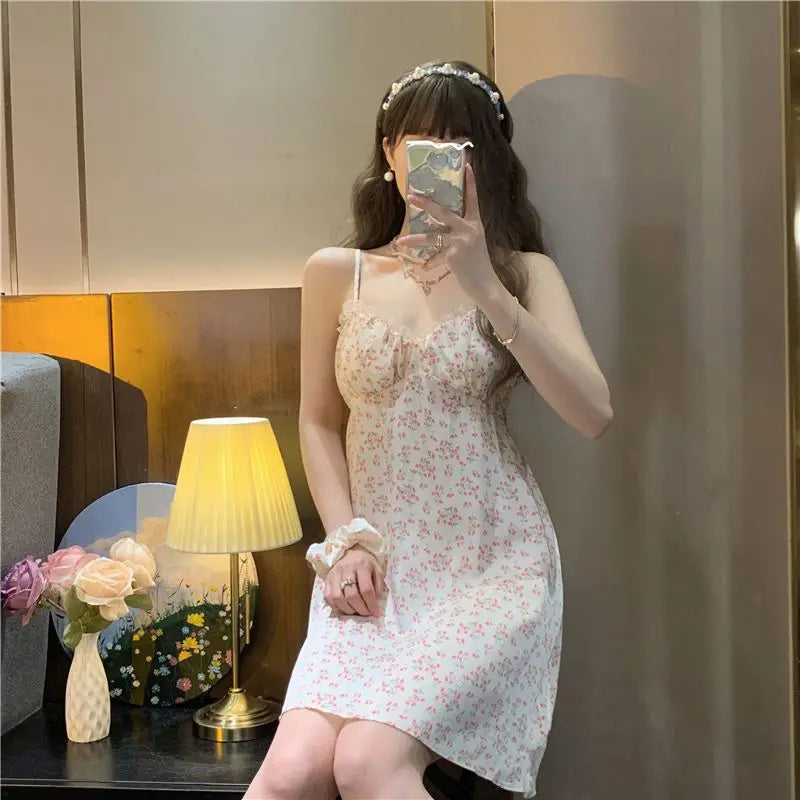 Robe de pyjama florale de style célèbre sur Internet, pyjama fin et simple pour femme, vêtements d'été pour la maison