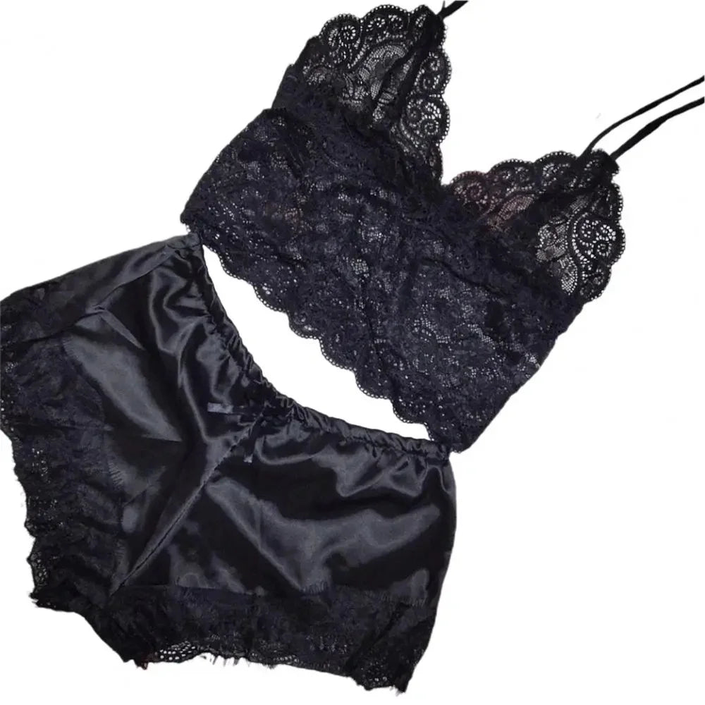Ensemble de pyjama sexy en satin et dentelle pour femme, lingerie, short à bretelles élastiques, vêtements de nuit, sous-vêtements sans manches