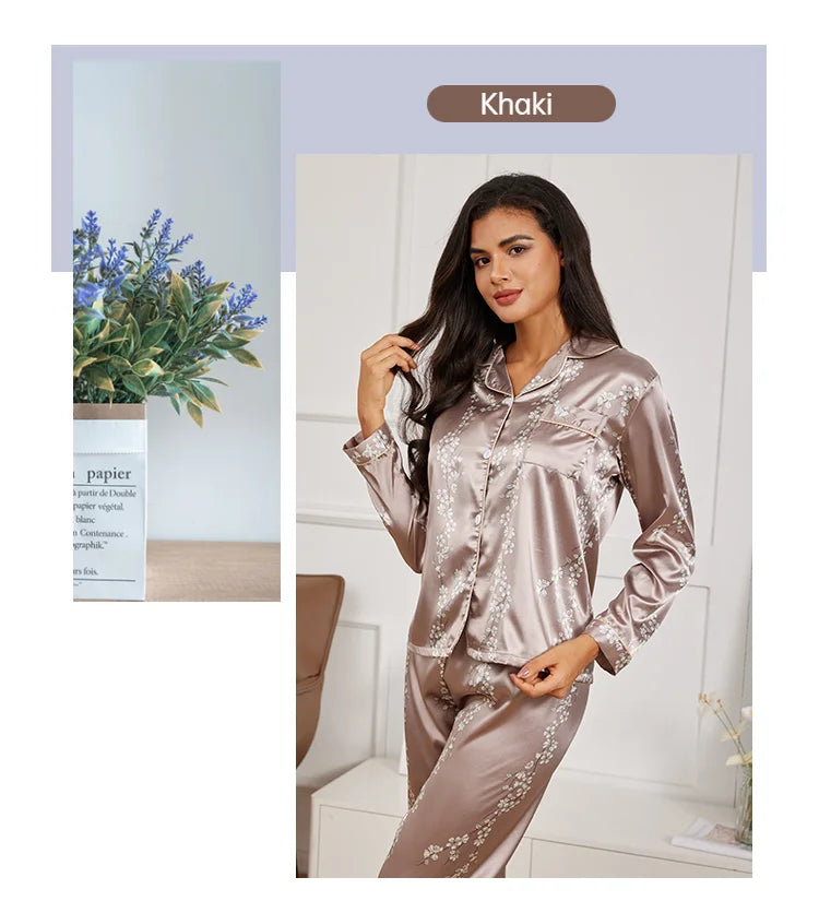 Pyjama 2 pièces en satin pour femme, vêtement d'automne à imprimé floral, haut à manches longues, pantalon de pyjama