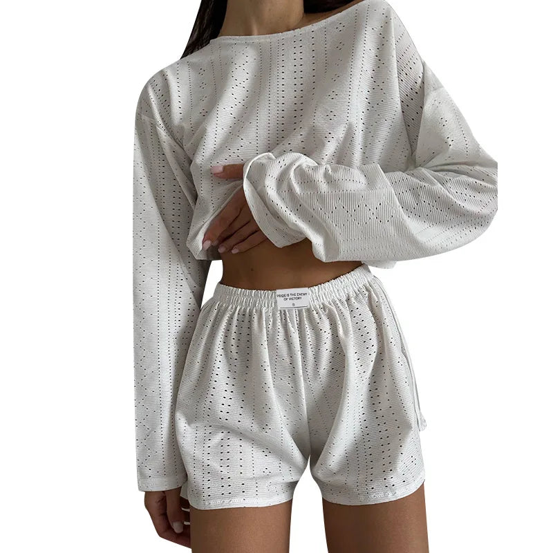 Pyjama d'été ajouré pour femme, haut à manches longues et short, ensemble 2 pièces