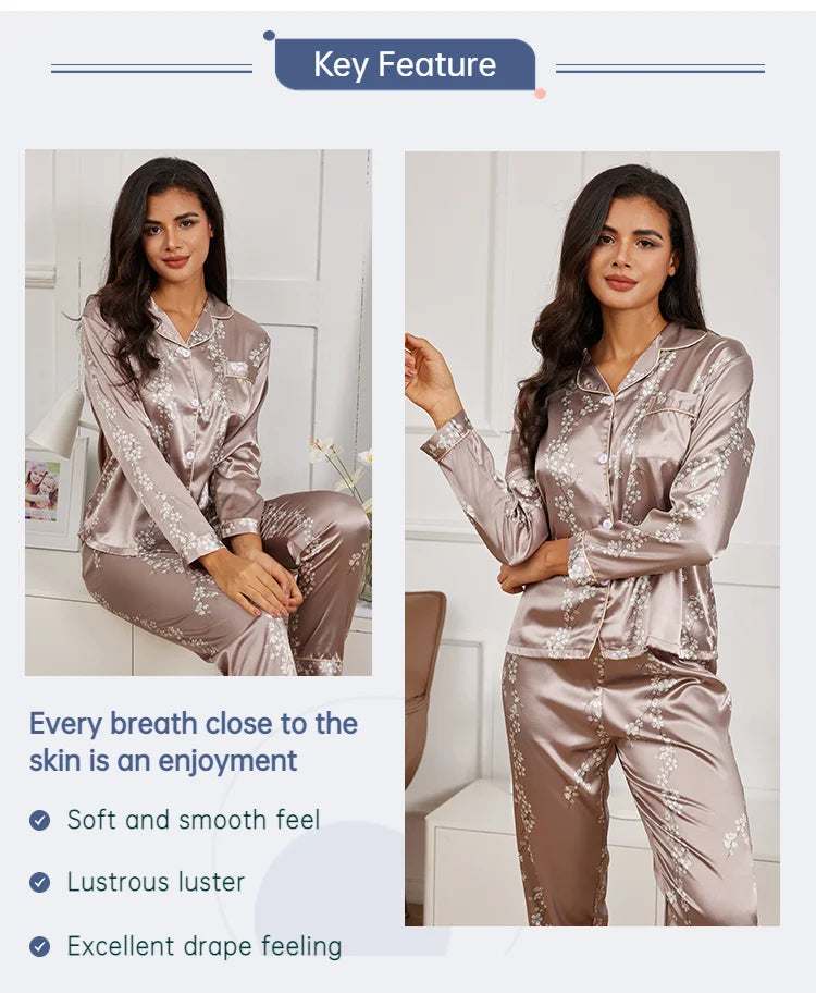 Pyjama 2 pièces en satin pour femme, vêtement d'automne à imprimé floral, haut à manches longues, pantalon de pyjama