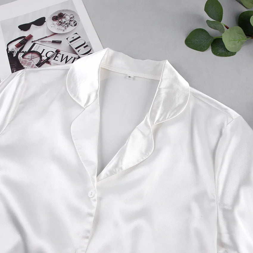 Ensemble 2 pièces à manches longues et pantalon long, pyjama blanc pour demoiselle d'honneur, robe de soirée en satin à revers multicolore, élasticité, pyjama sexy pour femme