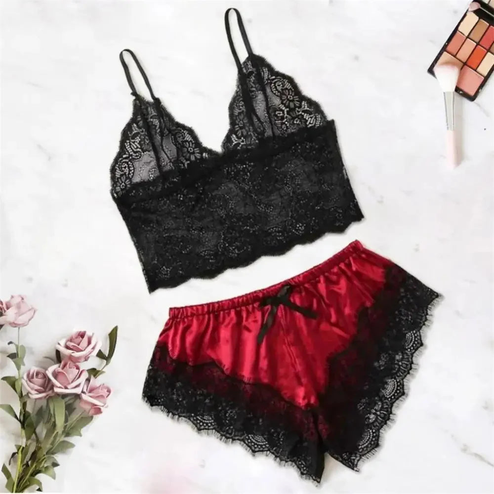 Ensemble de pyjama sexy en satin et dentelle pour femme, lingerie, short à bretelles élastiques, vêtements de nuit, sous-vêtements sans manches