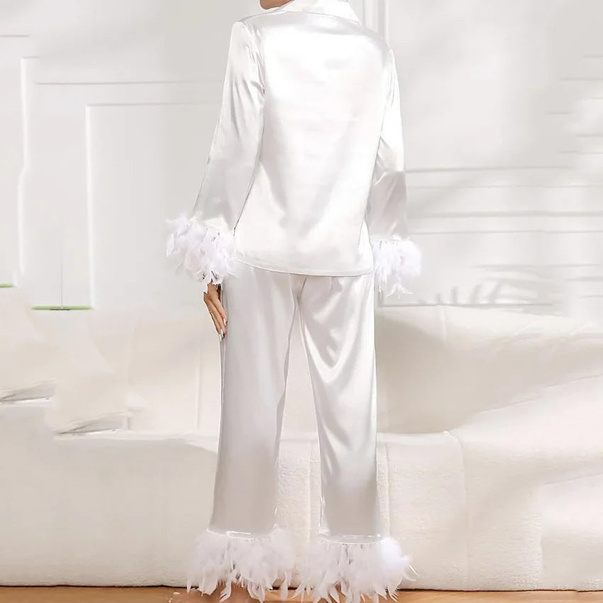 Ensemble 2 pièces à manches longues et pantalon long, pyjama blanc pour demoiselle d'honneur, robe de soirée en satin à revers multicolore, élasticité, pyjama sexy pour femme