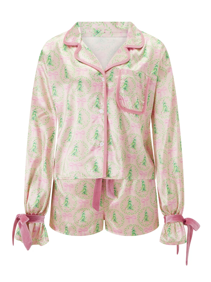 Pyjama de Noël 2025 pour femme, ensemble 2 pièces, chemise à manches longues et short en satin de soie, motif amusant