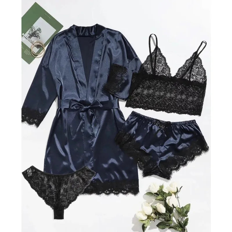 Pyjama tendance pour femme, imprimé, sexy, bordure en dentelle, imitation soie, satin, doux pour la peau, confortable, vêtements de détente, pyjama sexy