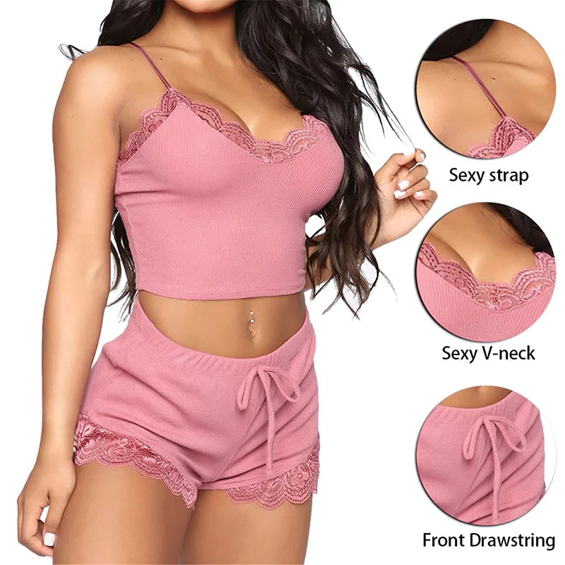 Pyjama sexy en dentelle sans manches pour femme, doux et confortable, col en V, chemise de nuit en satin