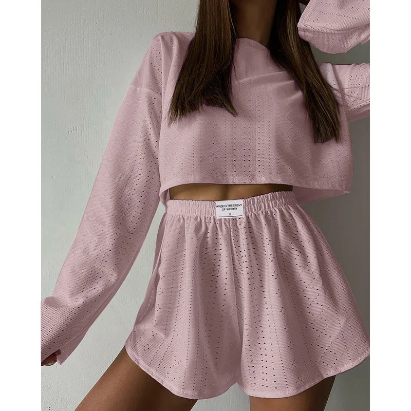 Pyjama d'été ajouré pour femme, haut à manches longues et short, ensemble 2 pièces