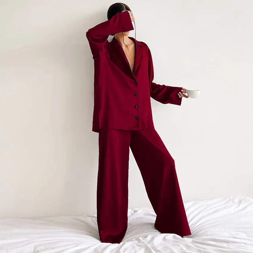 Ensemble de pyjama sexy à coupe basse pour femme, pantalon ample et décontracté à manches longues, en satin de soie uni, haut ajusté, 2 pièces