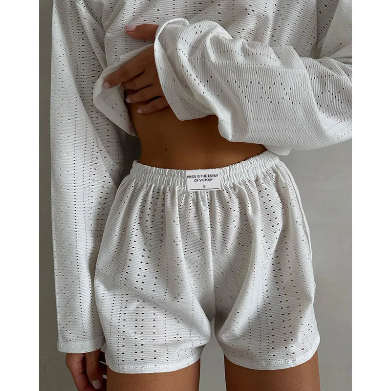 Pyjama d'été ajouré pour femme, haut à manches longues et short, ensemble 2 pièces