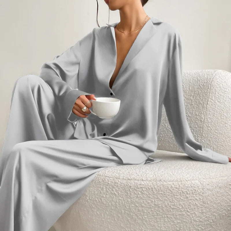 Ensemble de pyjama sexy à coupe basse pour femme, pantalon ample et décontracté à manches longues, en satin de soie uni, haut ajusté, 2 pièces