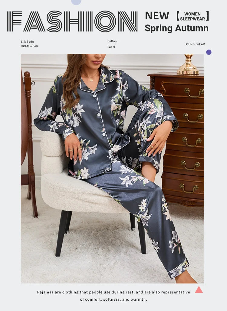 Pyjama 2 pièces en satin pour femme, vêtement d'automne à imprimé floral, haut à manches longues, pantalon de pyjama
