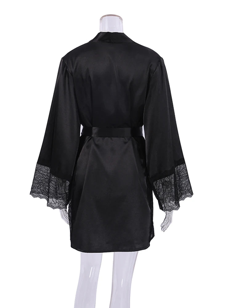 Ensembles de pyjama en dentelle patchwork avec soutien-gorge et sous-vêtements sexy en satin pour femme, 3 pièces, vêtements de nuit, peignoirs, 2023