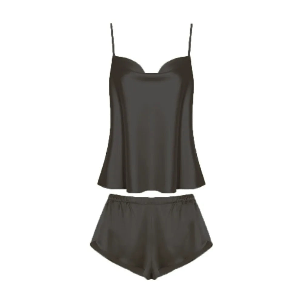 Pyjama sans manches en satin de soie, col en V, ample, caraco, short, chemise de nuit, vêtements de maison, ensembles de vêtements de nuit en soie glacée, été, femme