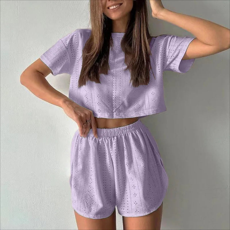 Pyjama d'été ajouré pour femme, haut à manches longues et short, ensemble 2 pièces