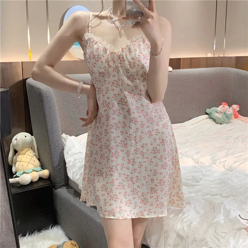 Robe de pyjama florale de style célèbre sur Internet, pyjama fin et simple pour femme, vêtements d'été pour la maison