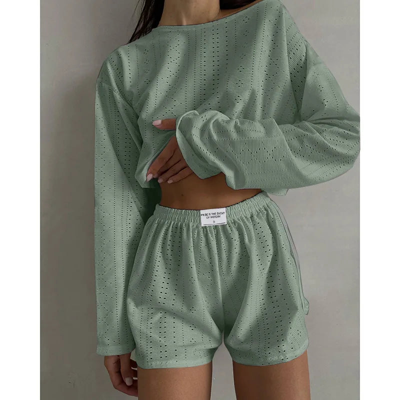Pyjama d'été ajouré pour femme, haut à manches longues et short, ensemble 2 pièces