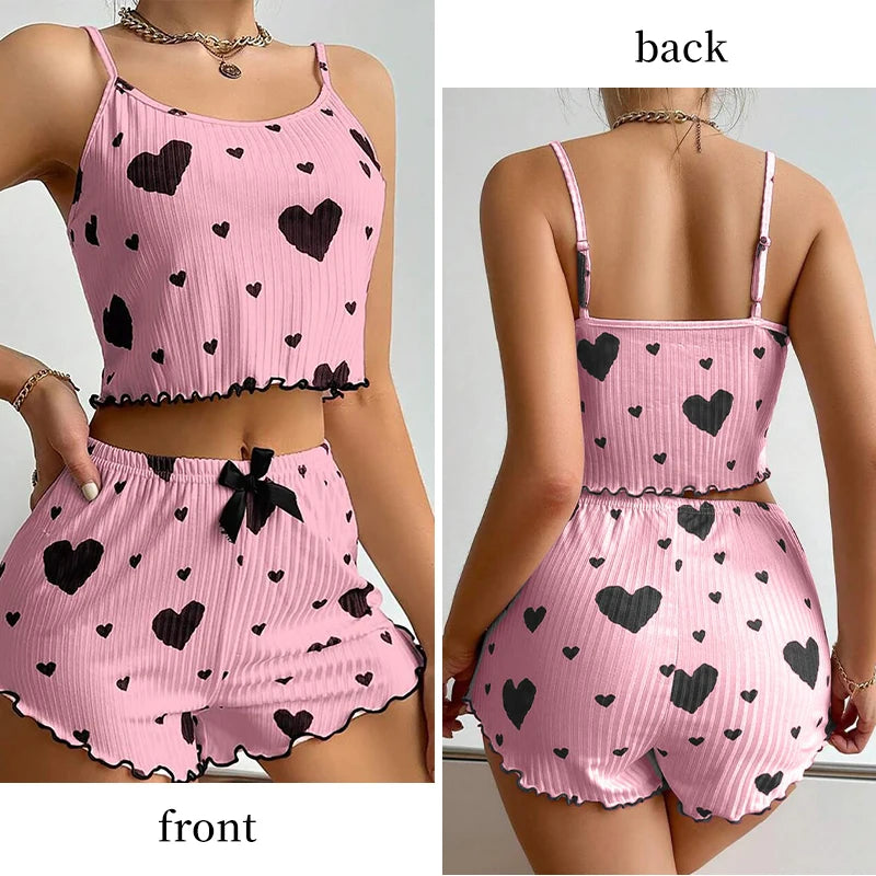 Ensemble pyjama 2 pièces pour femme, débardeur court et short, taille SML, blanc, respirant, doux, décontracté, imprimé Love