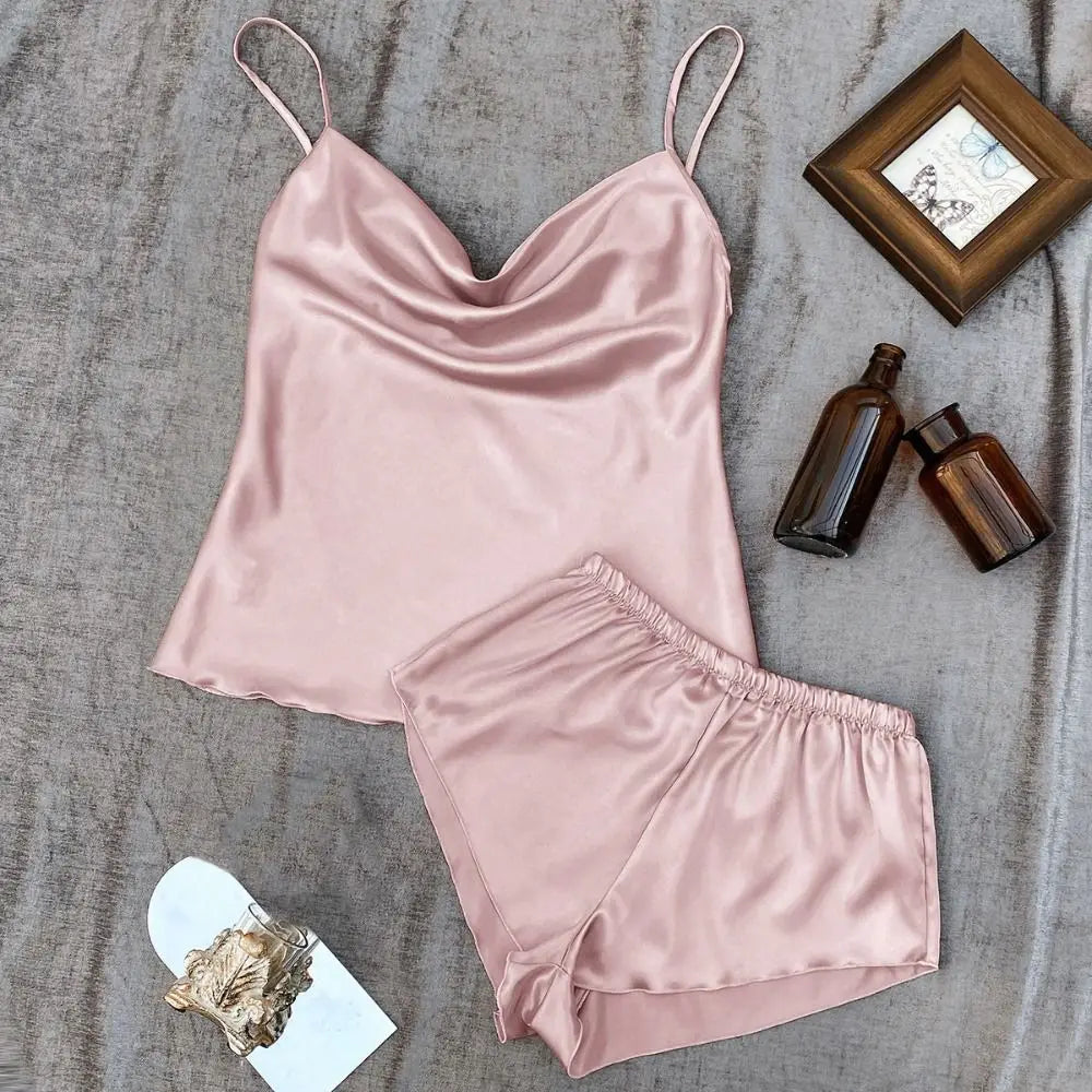 Pyjama sans manches en satin de soie, col en V, ample, caraco, short, chemise de nuit, vêtements de maison, ensembles de vêtements de nuit en soie glacée, été, femme