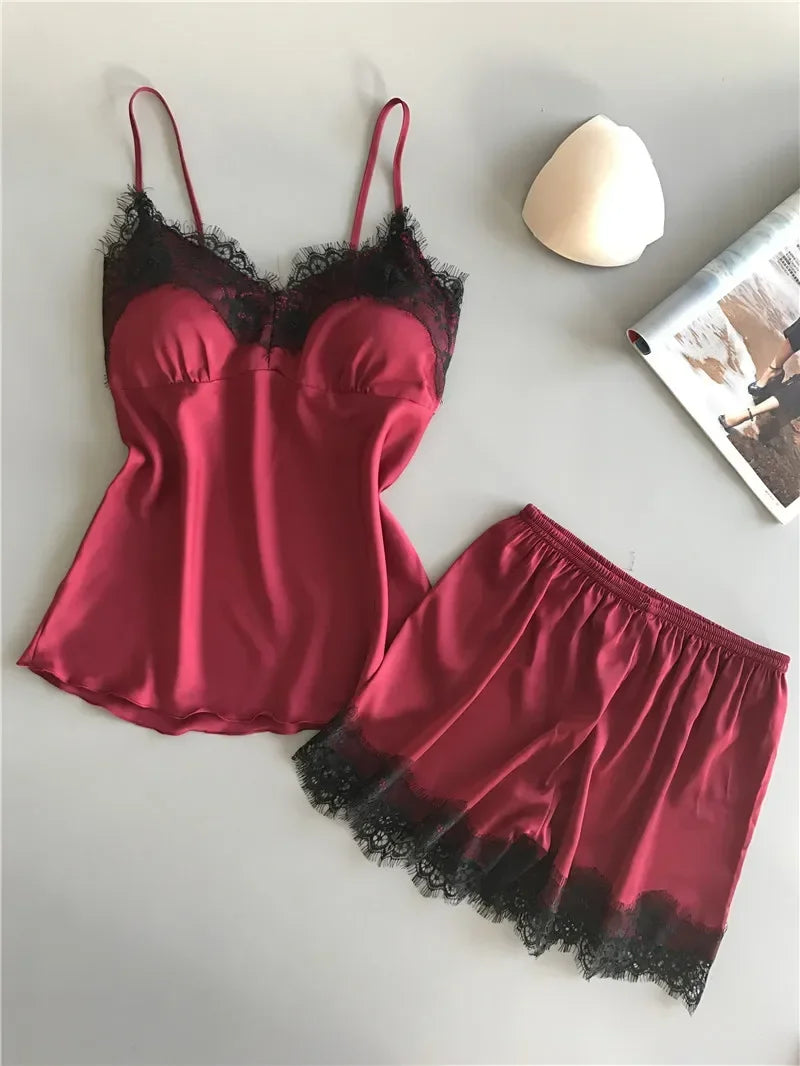 Pyjama d'été pour femme, ensemble tendance, col en V, en satin extensible, nuisette en dentelle, lingerie sexy, short de nuit
