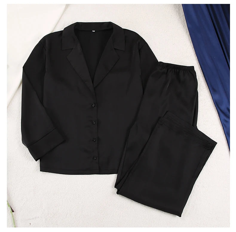 Ensemble de pyjama sexy à coupe basse pour femme, pantalon ample et décontracté à manches longues, en satin de soie uni, haut ajusté, 2 pièces