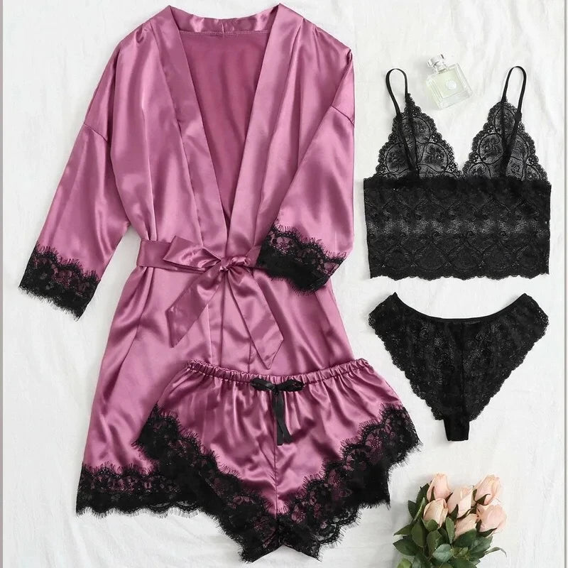 Pyjama tendance pour femme, imprimé, sexy, bordure en dentelle, imitation soie, satin, doux pour la peau, confortable, vêtements de détente, pyjama sexy