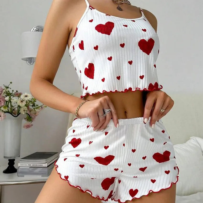 Ensemble pyjama 2 pièces pour femme, débardeur court et short, taille SML, blanc, respirant, doux, décontracté, imprimé Love