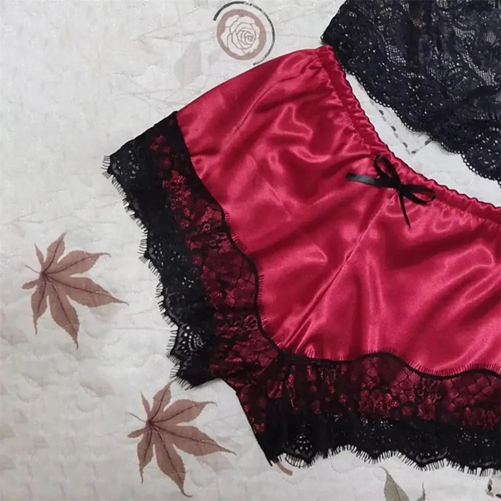 Ensemble de pyjama sexy en satin et dentelle pour femme, lingerie, short à bretelles élastiques, vêtements de nuit, sous-vêtements sans manches