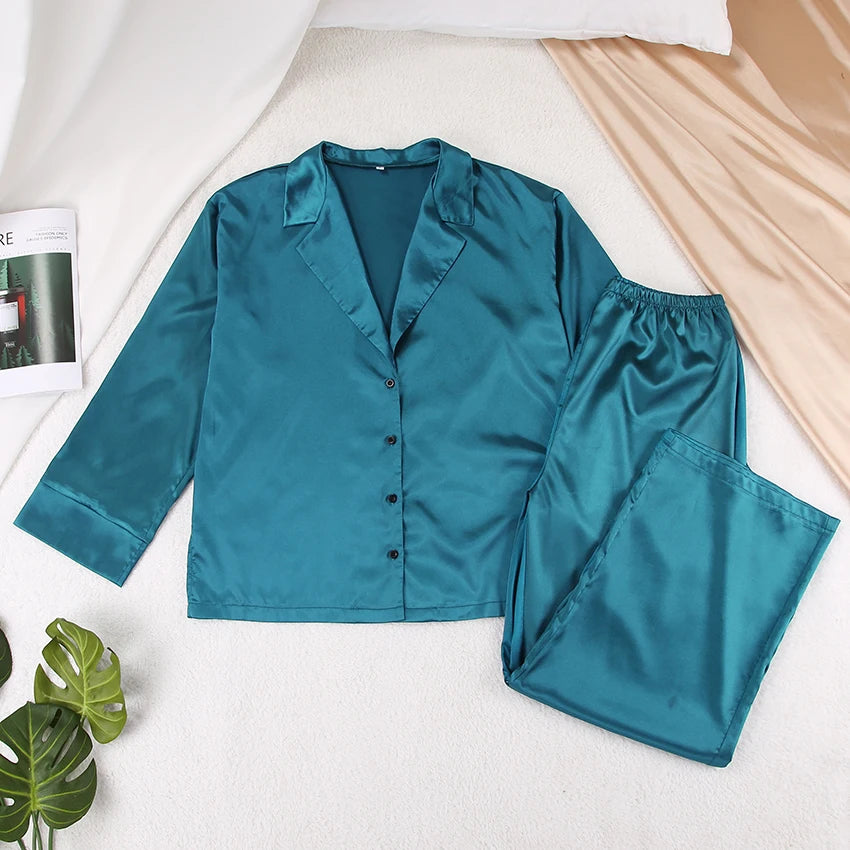Ensemble de pyjama sexy à coupe basse pour femme, pantalon ample et décontracté à manches longues, en satin de soie uni, haut ajusté, 2 pièces