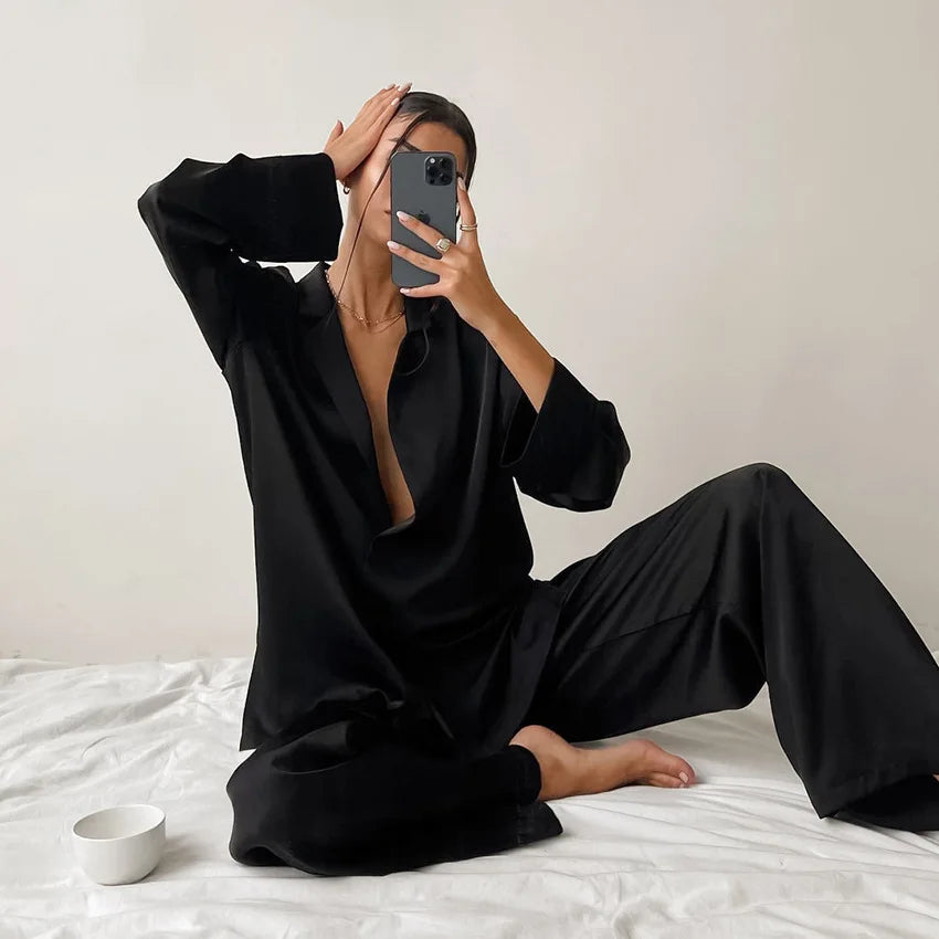 Ensemble de pyjama sexy à coupe basse pour femme, pantalon ample et décontracté à manches longues, en satin de soie uni, haut ajusté, 2 pièces