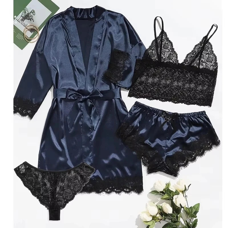Pyjama tendance pour femme, imprimé, sexy, bordure en dentelle, imitation soie, satin, doux pour la peau, confortable, vêtements de détente, pyjama sexy