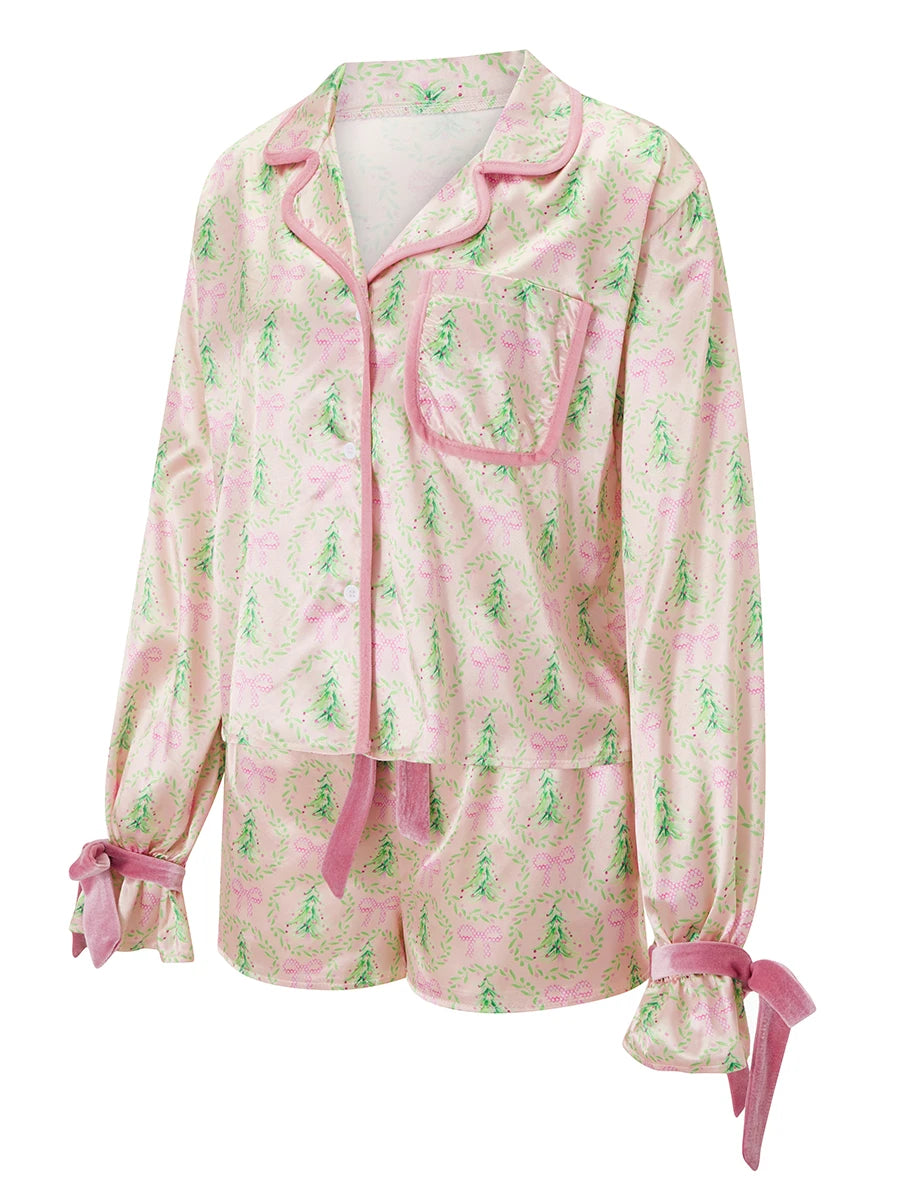 Pyjama de Noël 2025 pour femme, ensemble 2 pièces, chemise à manches longues et short en satin de soie, motif amusant