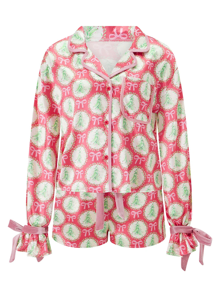 Pyjama de Noël 2025 pour femme, ensemble 2 pièces, chemise à manches longues et short en satin de soie, motif amusant