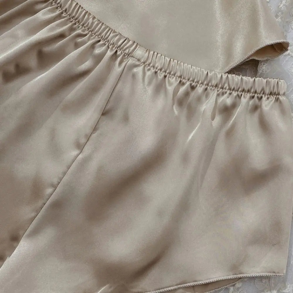 Pyjama sans manches en satin de soie, col en V, ample, caraco, short, chemise de nuit, vêtements de maison, ensembles de vêtements de nuit en soie glacée, été, femme
