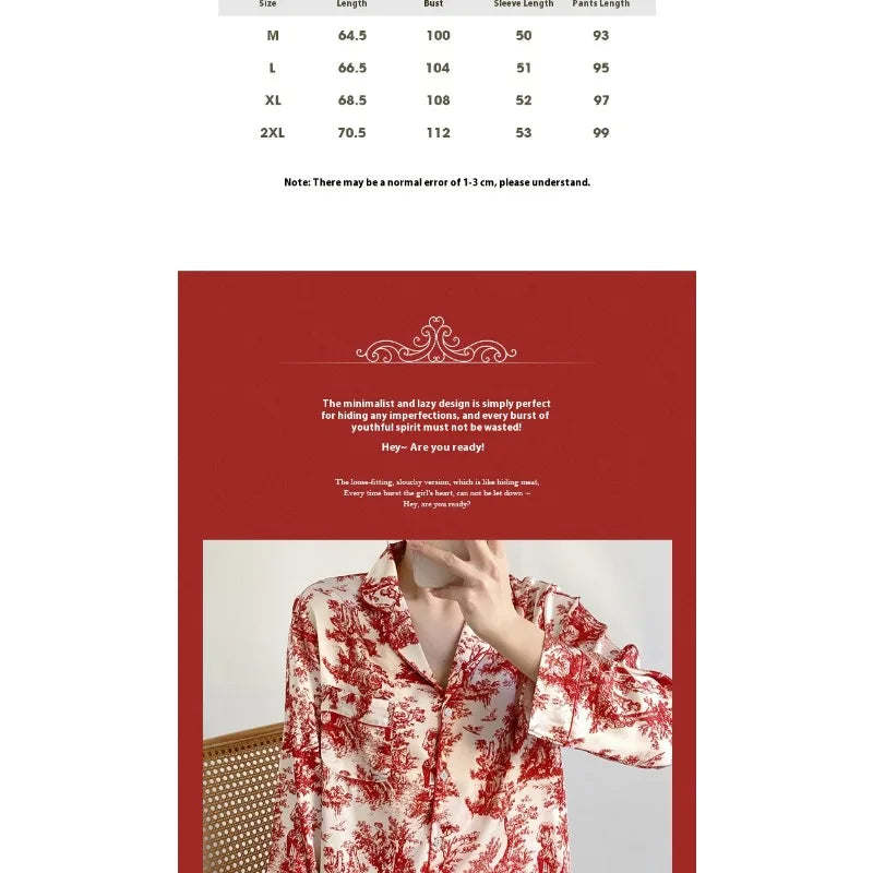Ensemble pyjama 2 pièces pour femme, tenue de détente, imprimé floral rouge, manches longues, pantalon, vêtements de nuit amples en satin, chemise et pantalon