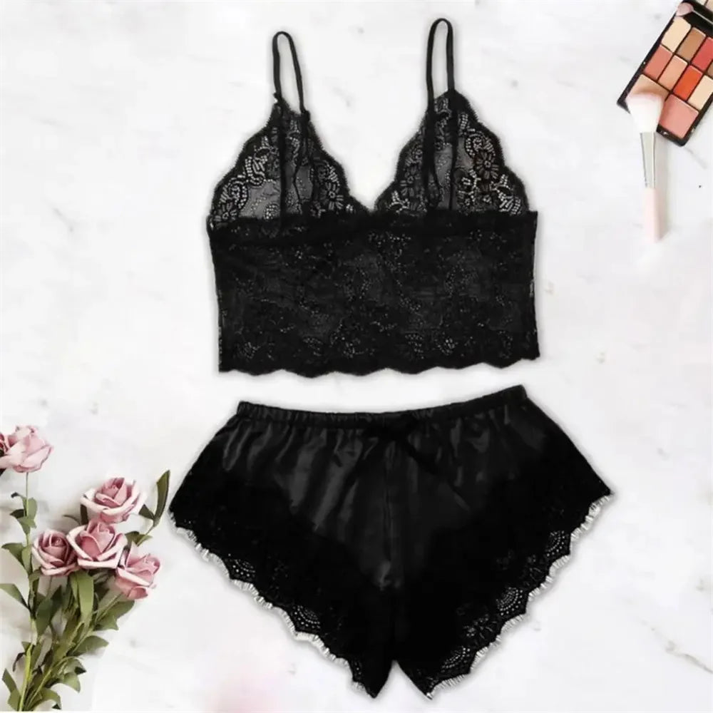 Ensemble de pyjama sexy en satin et dentelle pour femme, lingerie, short à bretelles élastiques, vêtements de nuit, sous-vêtements sans manches