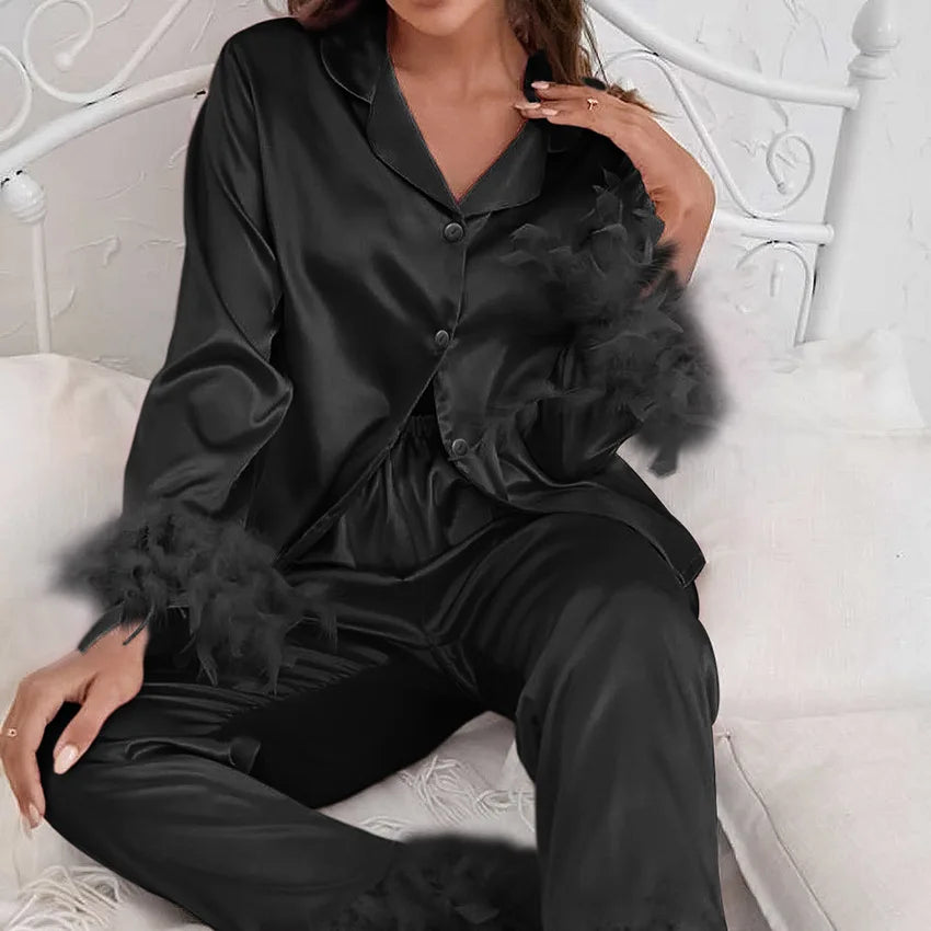 Ensemble 2 pièces à manches longues et pantalon long, pyjama blanc pour demoiselle d'honneur, robe de soirée en satin à revers multicolore, élasticité, pyjama sexy pour femme