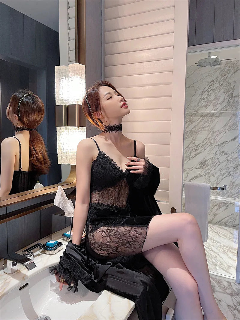 Pyjama sexy en velours pour femme - Robe à manches longues et chemise de nuit à bretelles en dentelle pour l'hiver et l'automne - Vêtements de nuit deux pièces confortables