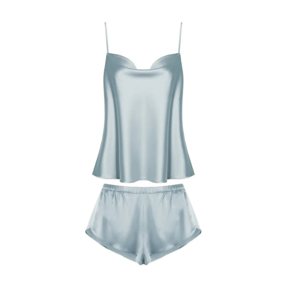 Pyjama sans manches en satin de soie, col en V, ample, caraco, short, chemise de nuit, vêtements de maison, ensembles de vêtements de nuit en soie glacée, été, femme