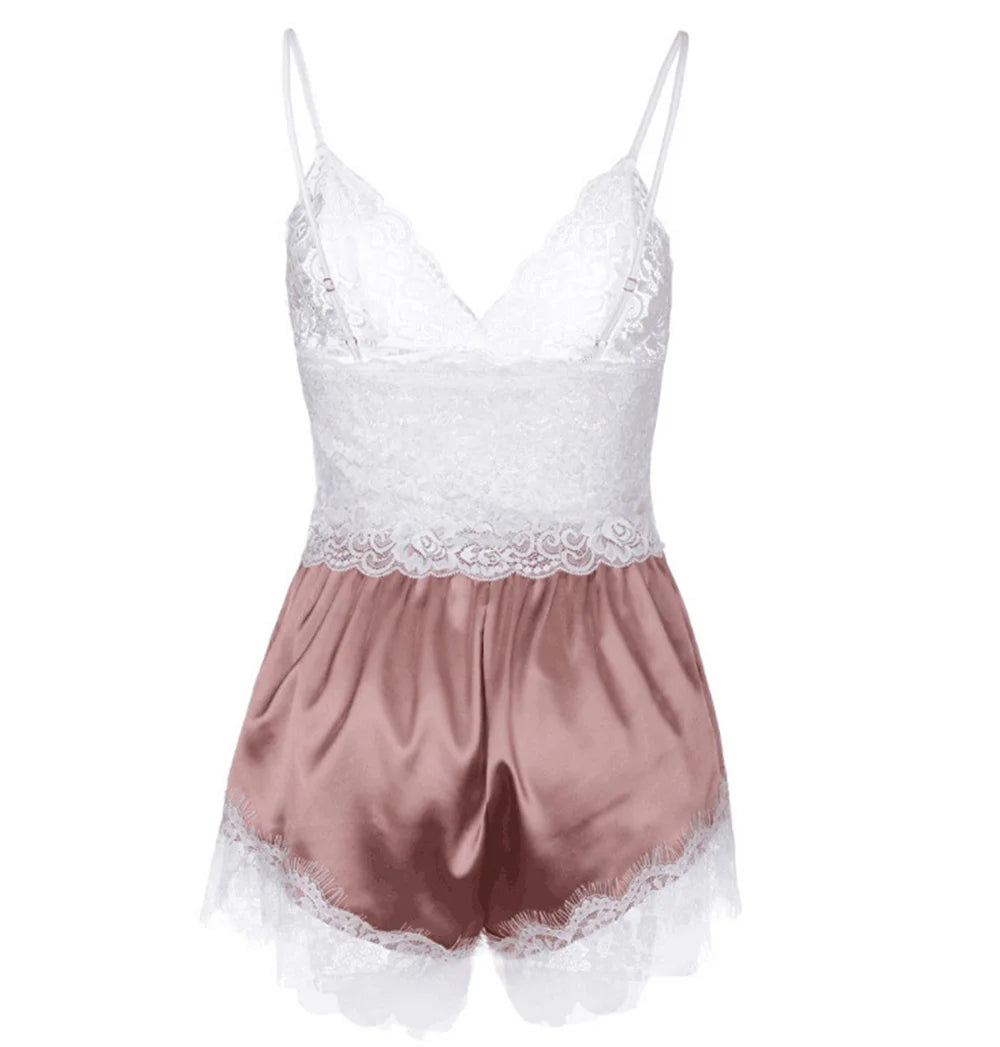 Ensemble de pyjama sexy en satin et dentelle pour femme, lingerie, short à bretelles élastiques, vêtements de nuit, sous-vêtements sans manches