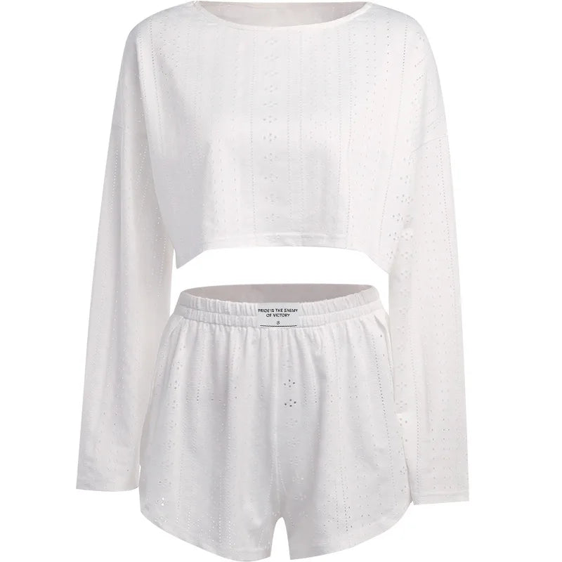 Pyjama d'été ajouré pour femme, haut à manches longues et short, ensemble 2 pièces