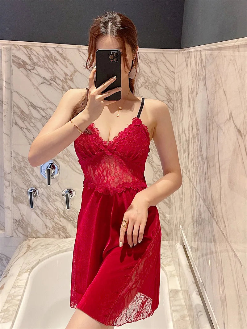 Pyjama sexy en velours pour femme - Robe à manches longues et chemise de nuit à bretelles en dentelle pour l'hiver et l'automne - Vêtements de nuit deux pièces confortables