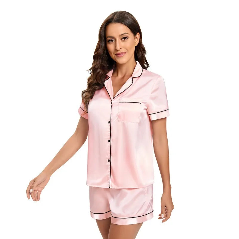 Pyjama d'été en satin de soie pour femme, ensemble haut boutonné et short, 2 pièces, vêtements de nuit à col cranté, vêtements de nuit pour femmes