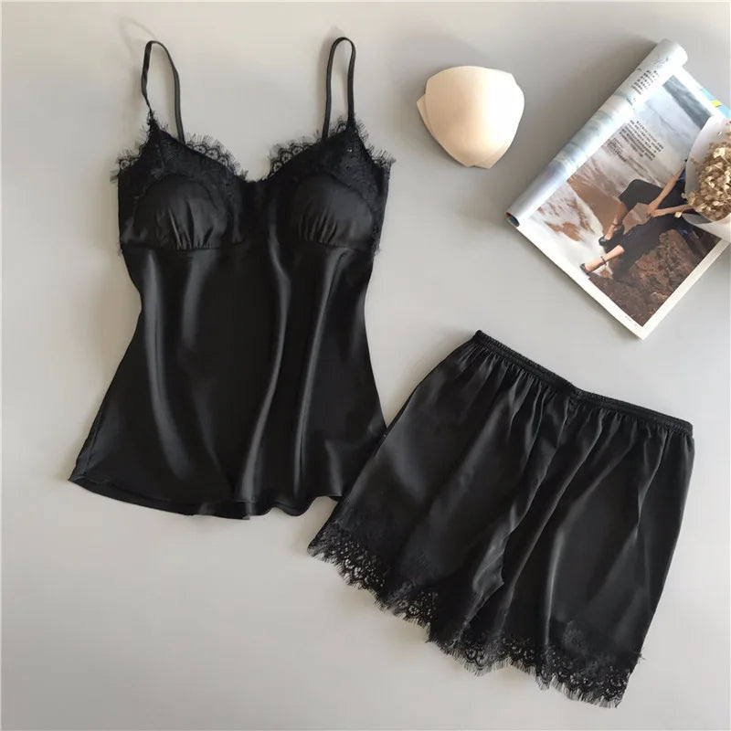 Pyjama d'été pour femme, ensemble tendance, col en V, en satin extensible, nuisette en dentelle, lingerie sexy, short de nuit
