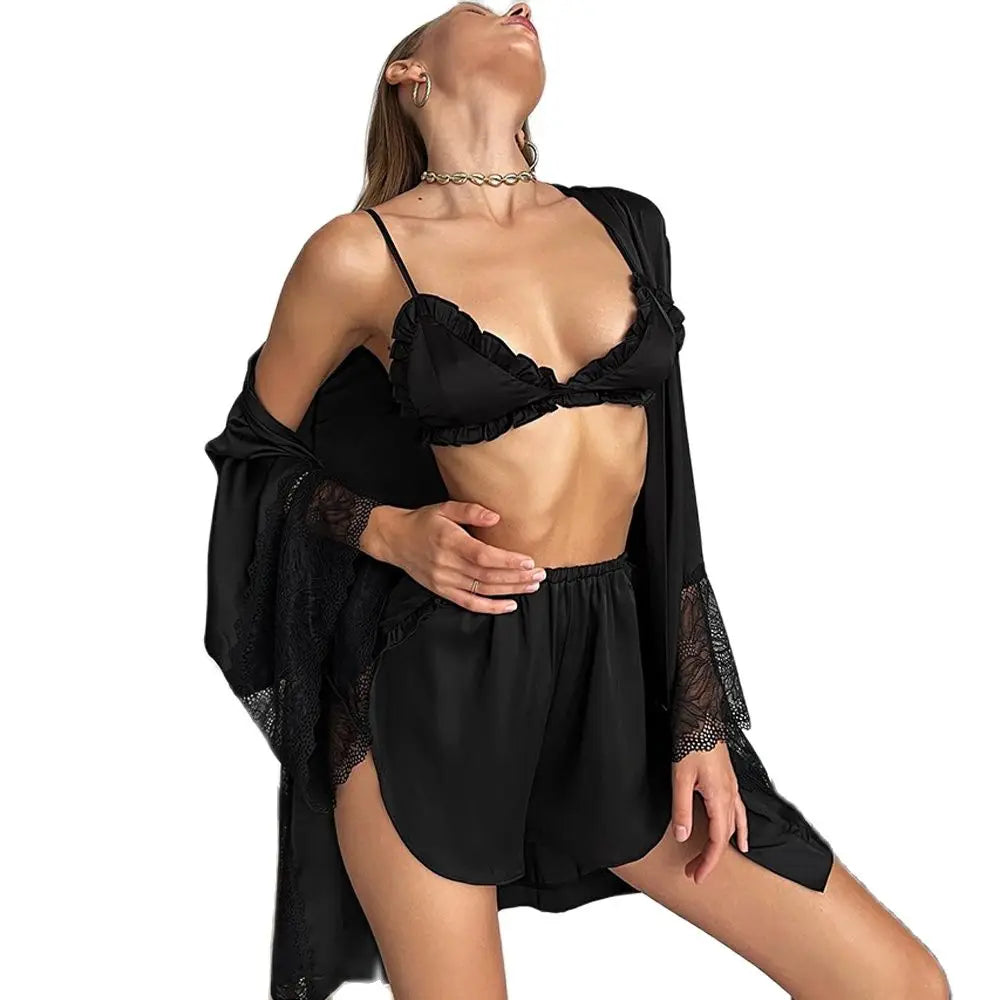 Ensembles de pyjama en dentelle patchwork avec soutien-gorge et sous-vêtements sexy en satin pour femme, 3 pièces, vêtements de nuit, peignoirs, 2023