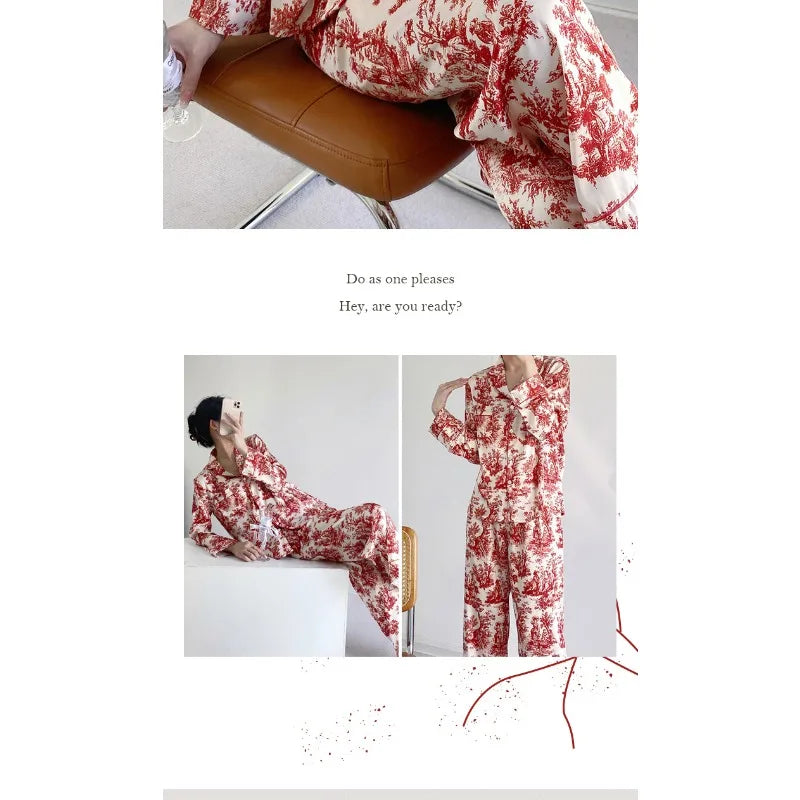 Ensemble pyjama 2 pièces pour femme, tenue de détente, imprimé floral rouge, manches longues, pantalon, vêtements de nuit amples en satin, chemise et pantalon