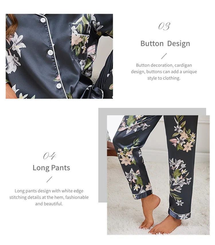 Pyjama 2 pièces en satin pour femme, vêtement d'automne à imprimé floral, haut à manches longues, pantalon de pyjama