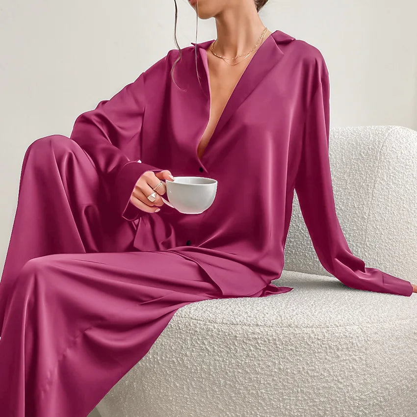 Ensemble de pyjama sexy à coupe basse pour femme, pantalon ample et décontracté à manches longues, en satin de soie uni, haut ajusté, 2 pièces