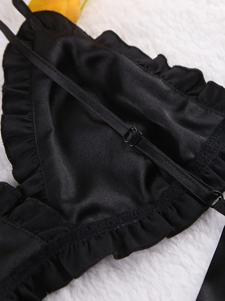 Ensembles de pyjama en dentelle patchwork avec soutien-gorge et sous-vêtements sexy en satin pour femme, 3 pièces, vêtements de nuit, peignoirs, 2023